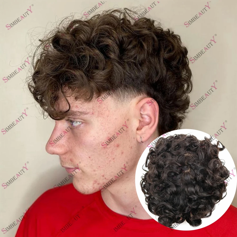 Peruca de cabelo humano encaracolado natural masculino, prótese durável, sistema de substituição de cabelo preto, marrom, estilo de cabelo, base de pele poli, 26mm