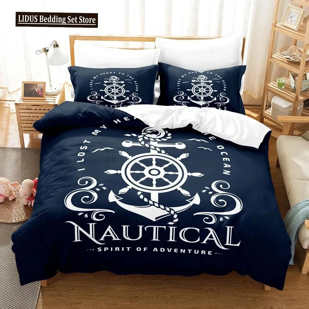 Nautical Bedding Set Ocean Anchor Decor Duvet Cover Sailor Pirate Captain Sea Adventure Bedspread Cover For Kids Boys Navy Blue