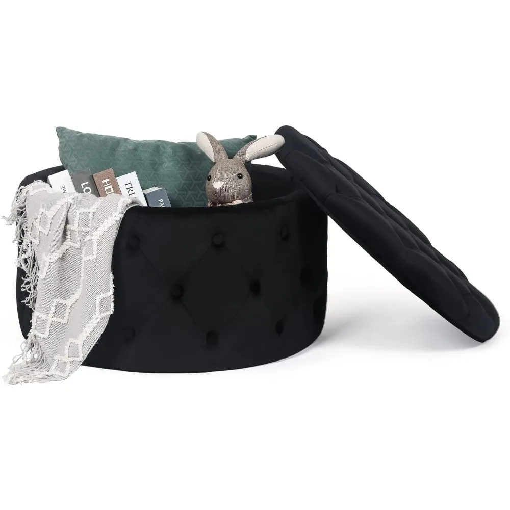 

24.8 Round Velvet Storage Ottoman, Button Tufted Footrest Stool Coffee Table for Living Room, Black