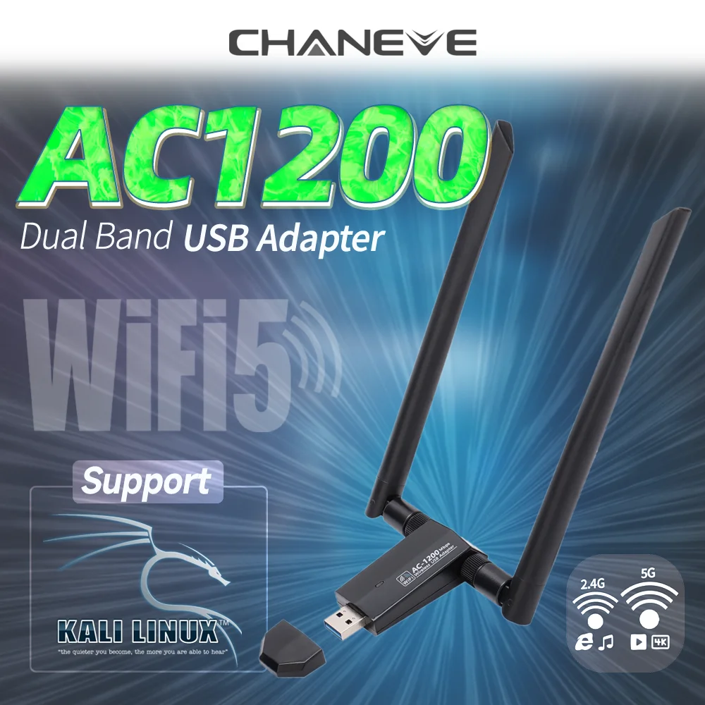 CHANEVE Kali Linux WiFi Dongle RTL8812AU Chip banda Dual 1200Mbps adaptador USB inalámbrico tarjeta de red usb3.0 con antena Dual 5dbi
