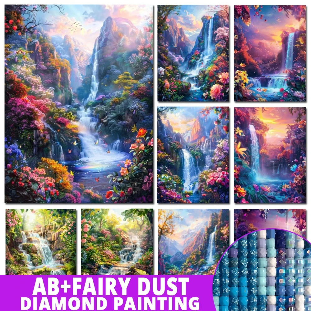 Fairy Dust AB Diamond Art Painting New Collection Mountain and Waterfall Scenery 5d Diy Mosaic Cross Stitch Kits Home Decor