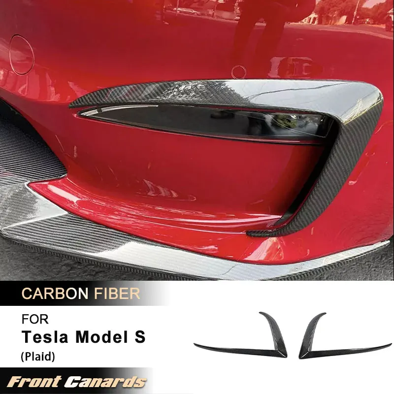 Car Front Bumper Canards for Tesla Model S Plaid Sedan 4-Door 2021-2023 Front Air Vent Trims Fins Body Kits Full Carbon Fiber