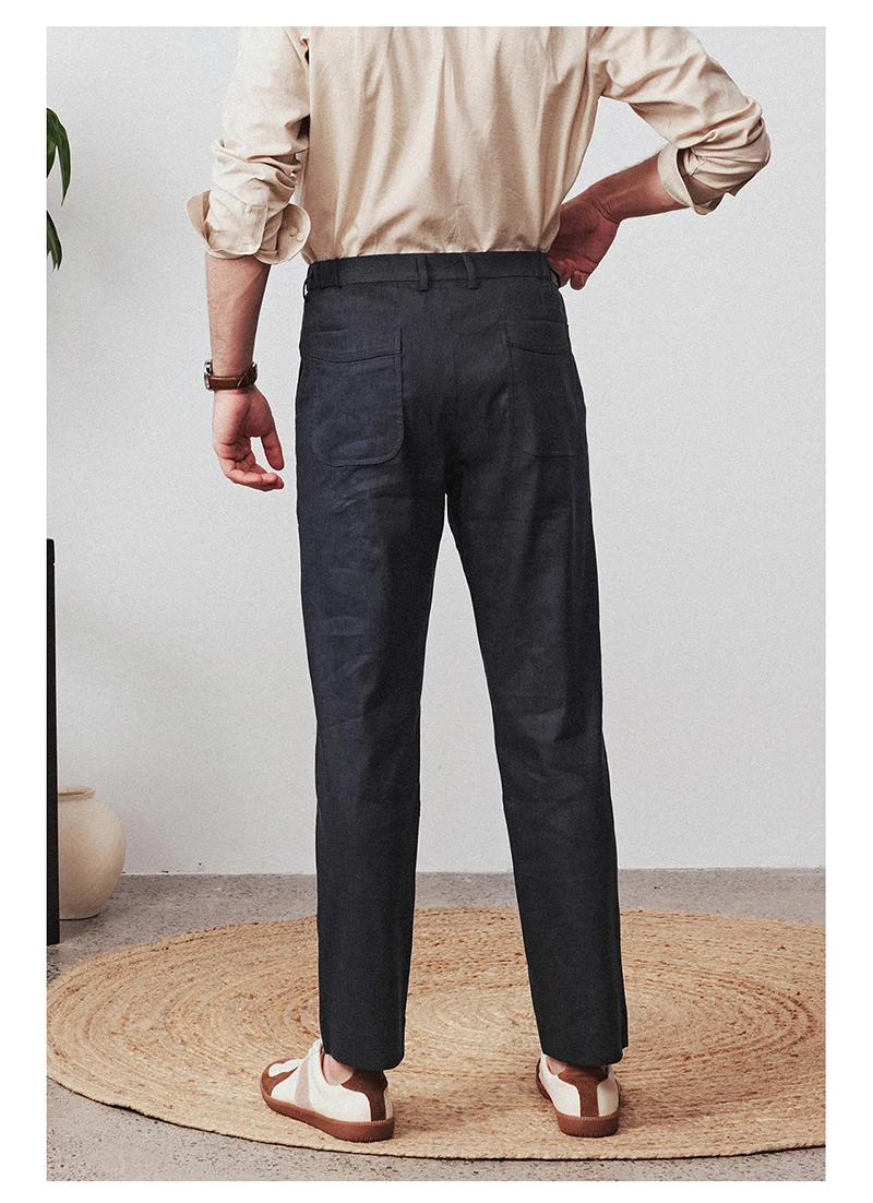 กางเกงผ้าลินินธรรมชาติ 100% ผู้ชายสีดำเรียบง่ายอารมณ์หรูหราธุรกิจลำลองผู้ชายสบายเย็นเสื้อผ้าระดับไฮเอนด์