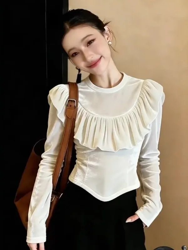 

Stunning Velvet T-irt Women's Early Spring Unique Beautiful Waist-Cut Lace-Up Sve Long Sve round Ne Pullover Top