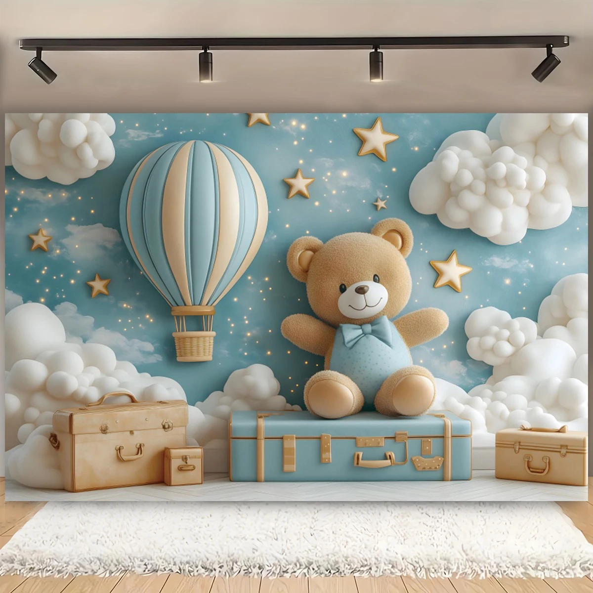 استحمام الطفل تيدي بير منطاد الهواء الساخن خلفية عيد الميلاد الأول بنين بنات 1st حفلة عيد ميلاد ديكور خلفية كابينة تصوير الدعائم