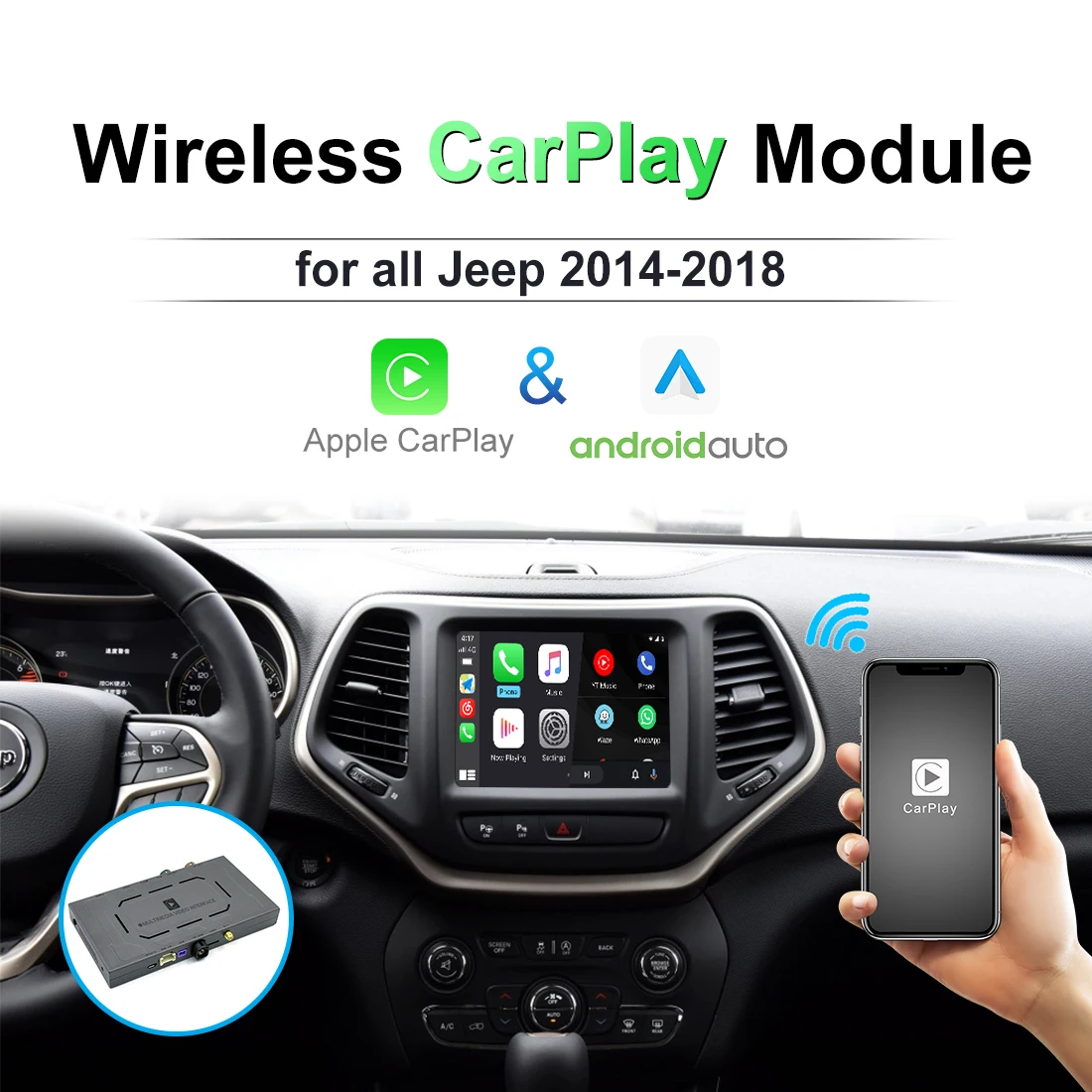 Bezprzewodowy dekoder zestawu modernizacyjnego CarPlay dla Jeep Grand Cherokee Commmander Compass Uconnect 8.4 2014-2020MY Android Auto