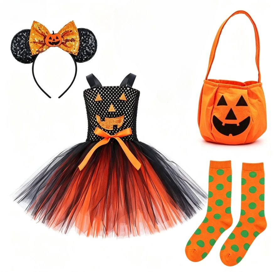 Halloween Party Children Role Play Cute Pumpkin Funny Print Princess Tulle Dress With Sequin Headband Candy Handbag Socks Outfit