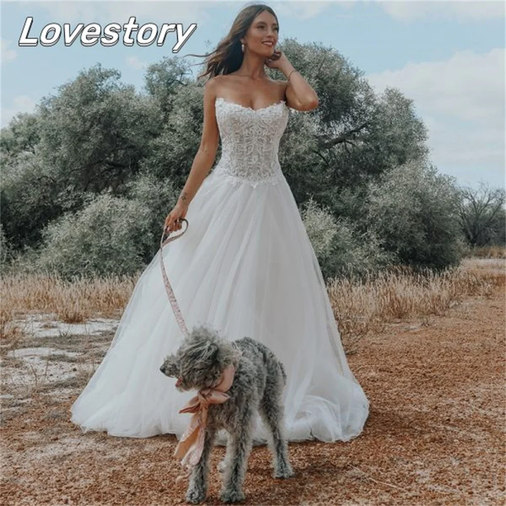 Pretty Modern A-Line Wedding Dresses Sleeveless Bride Robes Sweetheart Neck Backless Lace Bridal Gowns Buttons Vestidos De Noiva