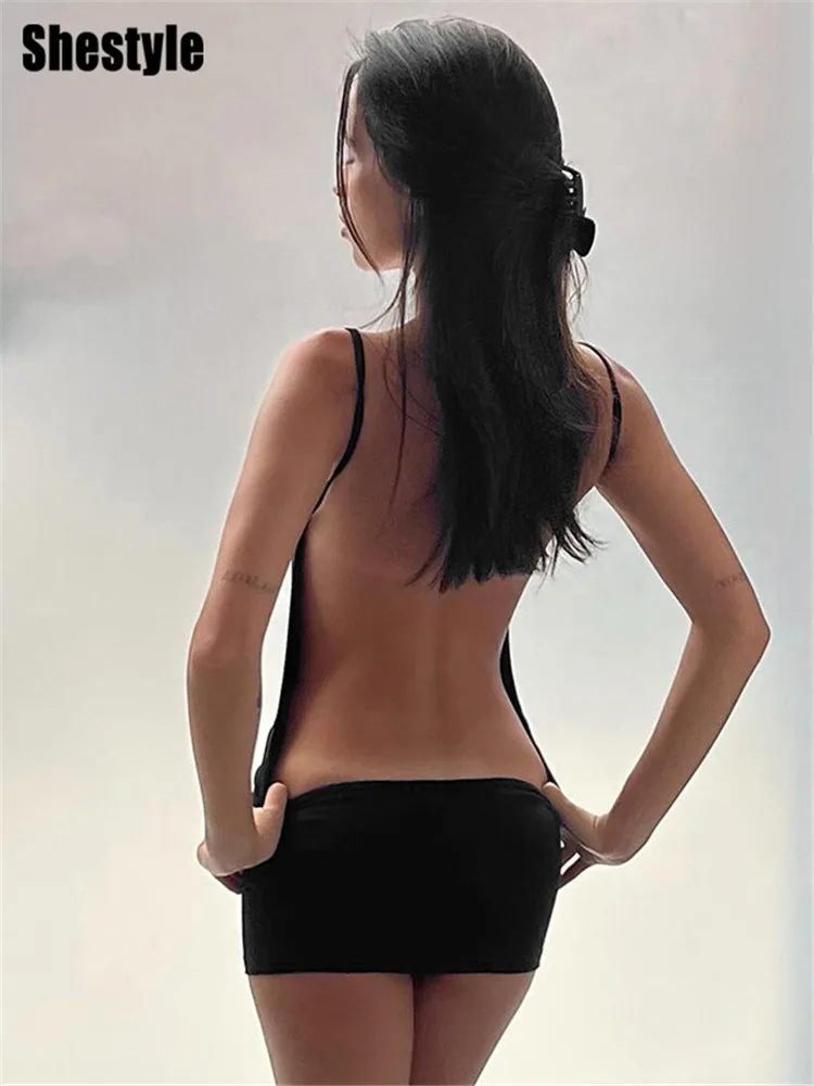 Shestyle Czarna Sukienka Mini Bez Pleców Damska na Cienkich Ramiączkach, Bielizna Klubowa, Wyjątkowo Gorąca, Obcisła, Seksowna