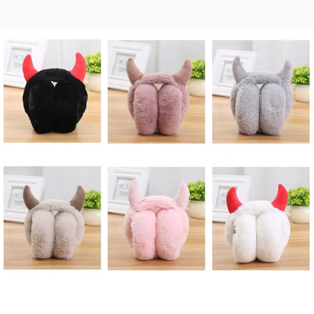 Soft Faux Rabbit Fur Devil Horn Earmuffs Solid Color Ear Cover Ear Cover Ear-Muffs Foldable Ear Warmer Unisex