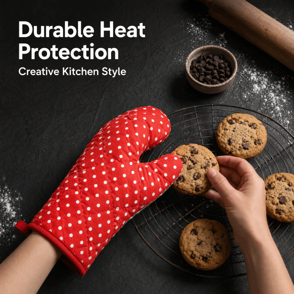 Polyester Cotton + Cotton Oven Mitts Comfortable Fit Blue Red Heat Resistant Gloves Non-Slip Baking Gloves Home Kitchen Baking