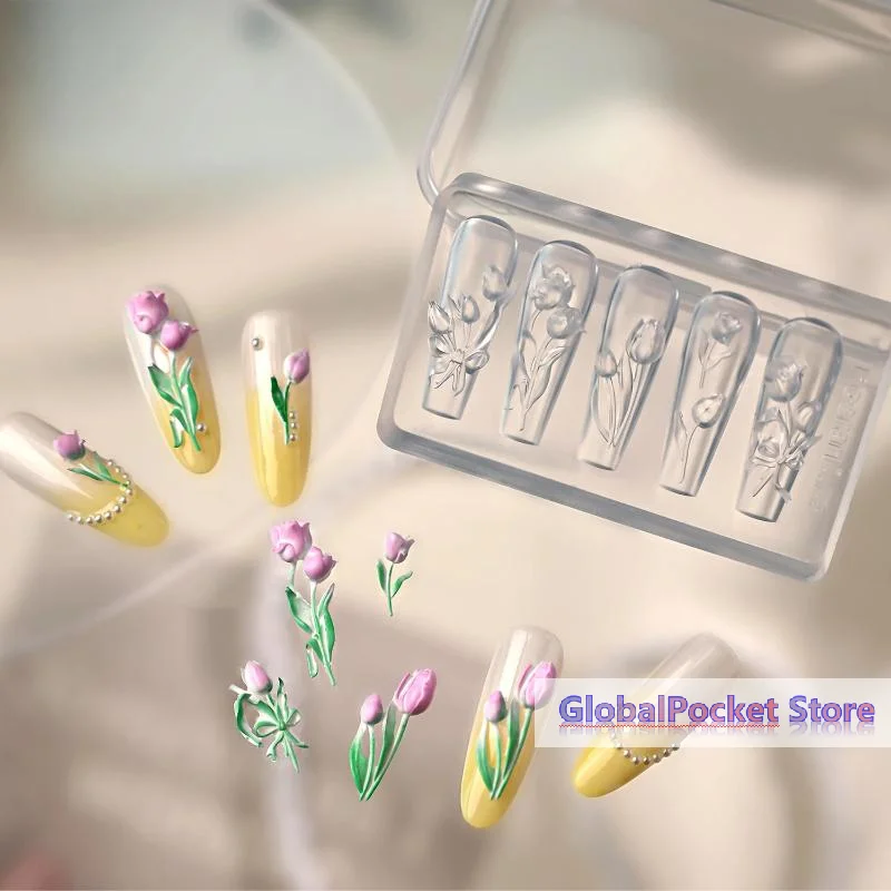 [TG823]1Pcs High Transparent 3D Nail Art Carving Mold With Box Butterfly Tulip Lily Flower Template For Nail Decoration