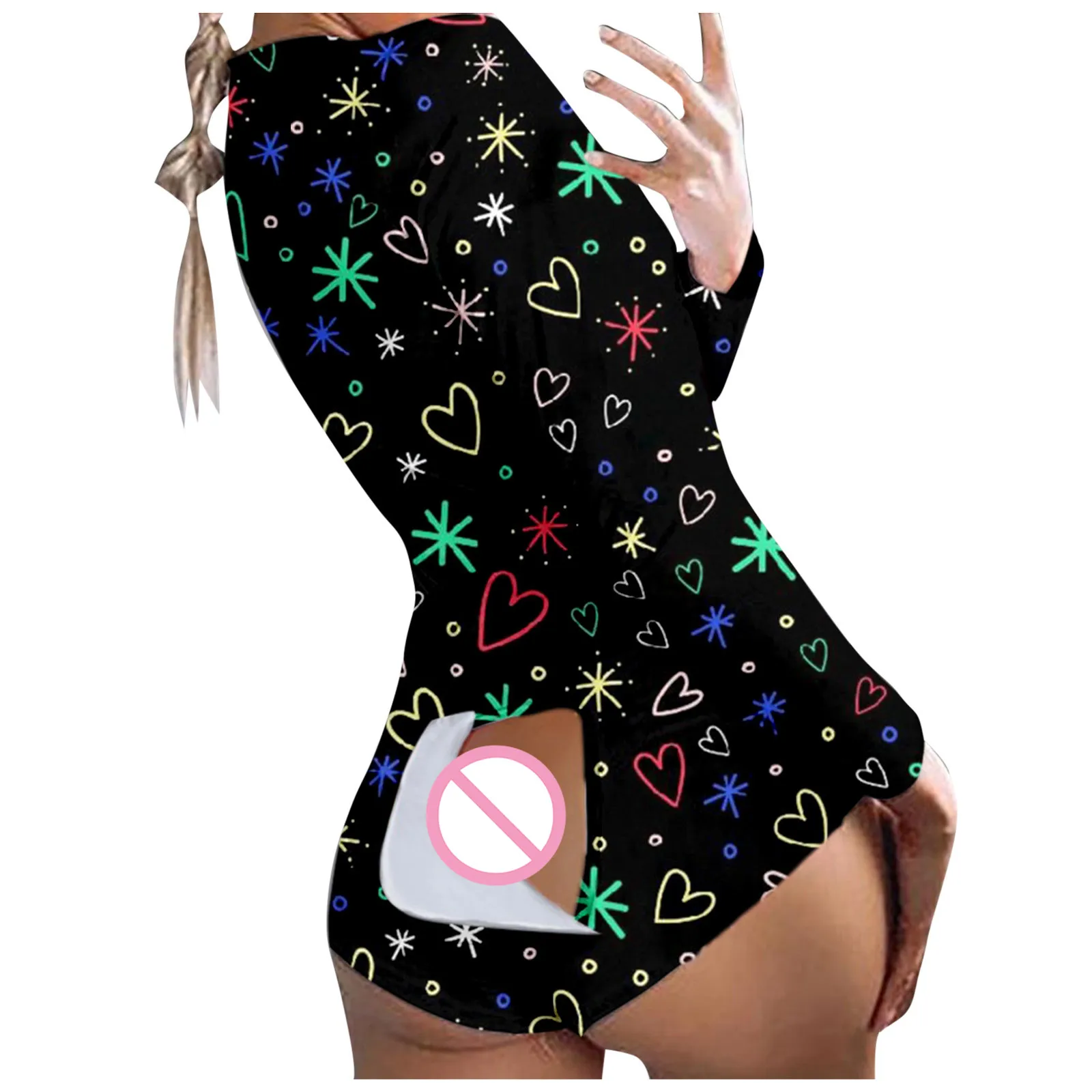 Women's Pijama Bodysuit Button-Down Love Heart Print Functional Buttoned Flap Sexy Adults Jumpsuit Abdl Onesie Pijama Stitch