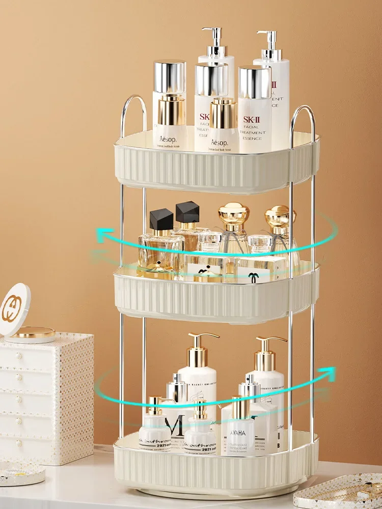 3 Layers Light Luxury Makeup Organizer 360° Rotating Desktop Cosmetic Storage Shelf Bathroom Organizer Skincare Rack