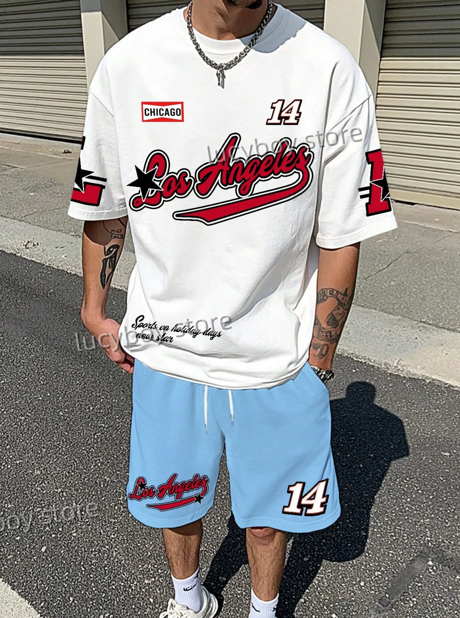 LOSANGLES NO.23 Print Men'S Summer Casual Short Sleeve T-Shirt Shorts Set Adult Basketball JoggingOversized 2 Piece Set Clothes
