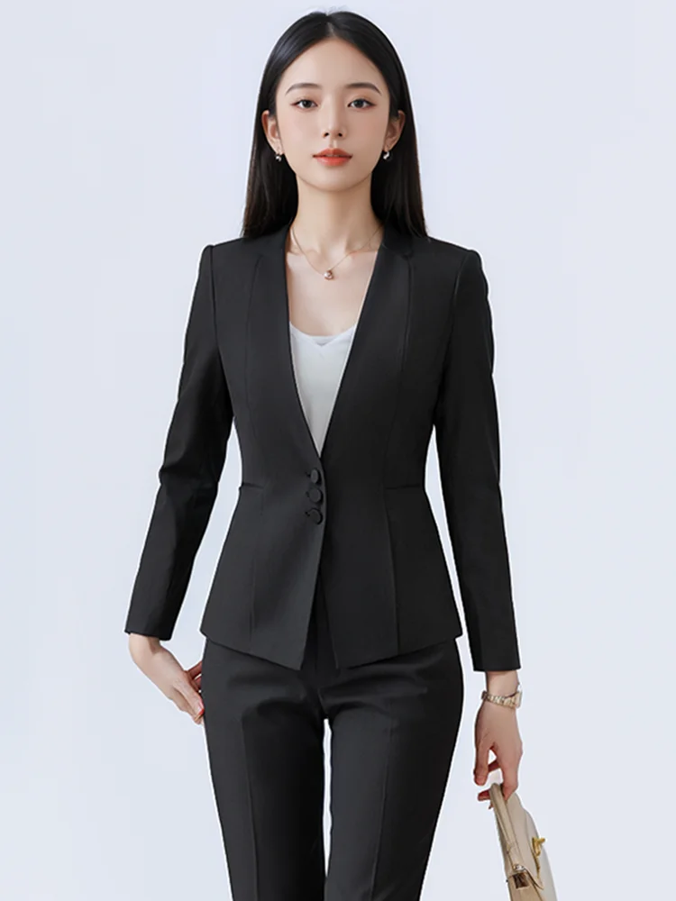 Women's Career Suit Set No Collar Jacket Long Sleeve Pure Color Single Button Closure Polyester Fiber Blend for Office Wear