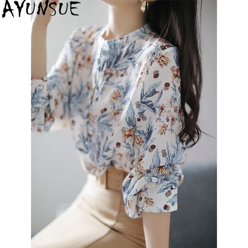 AYUNSUE Double Crepe Mulberry Silk Women's Blouses and Shirts Floral Long Sleeve Tops for Woman Spring Shirt Woman Clothes 블라우스