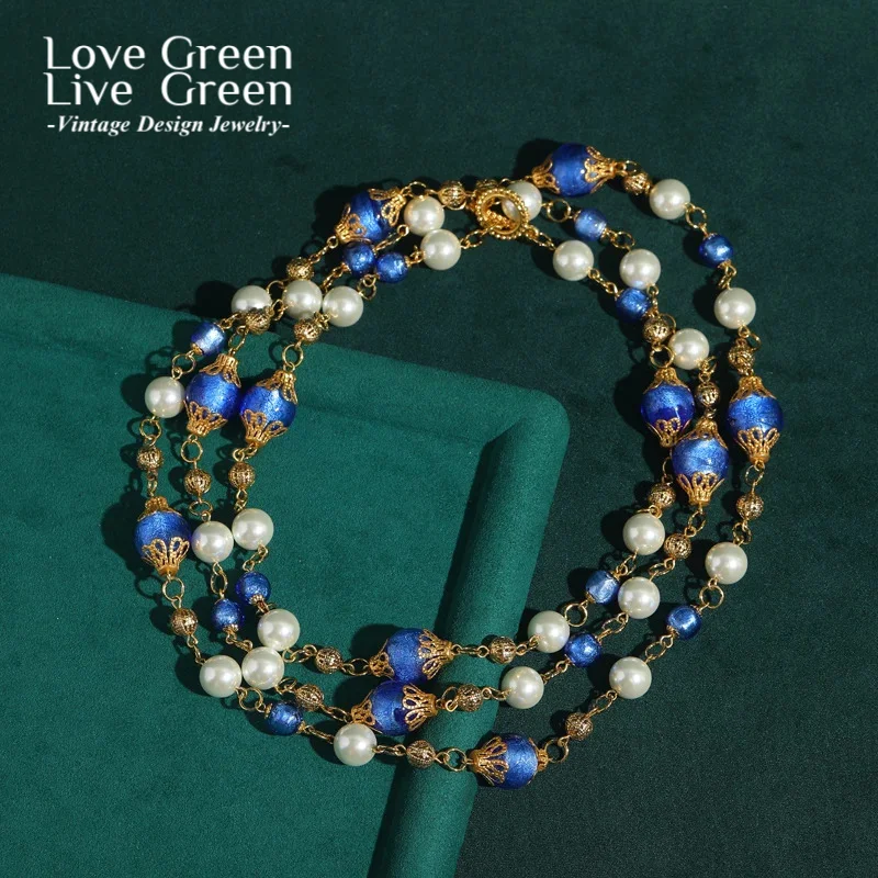 

Baroque Layered Pearl Charm Necklace Chains Blue Beads Glaze Gold Color Luxury Vintage Accessories Antique Jewelry Bridal 2025