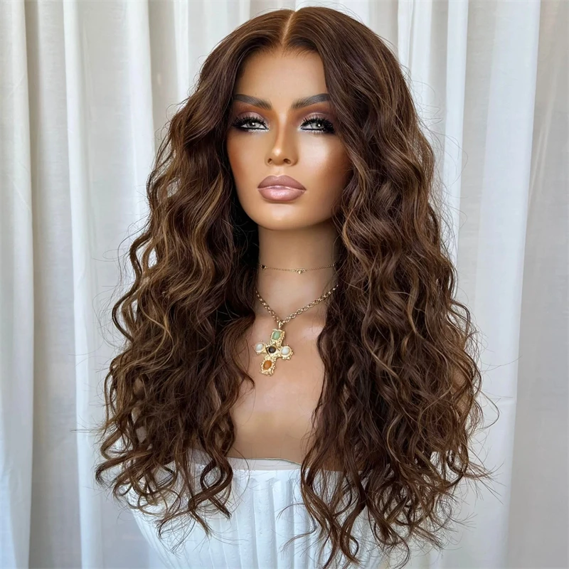 

Soft Deep Curly Wave Wig Ombre Brown with Honey Streaks Balayage Luxury Synthetic Lace Front Wig for White Black Women Daily Use
