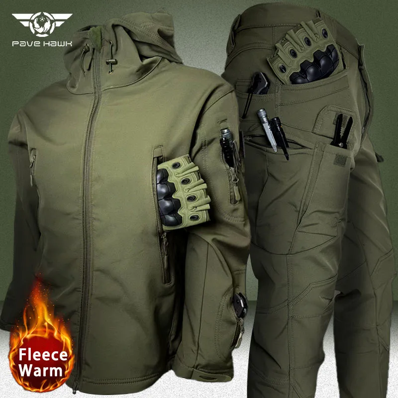 Winter Soft Shell Suits Men Outdoor Shark Skin Hooded Jackets+Multi-pocket Cargo Pants 2 Pcs Sets Training Waterproof Set