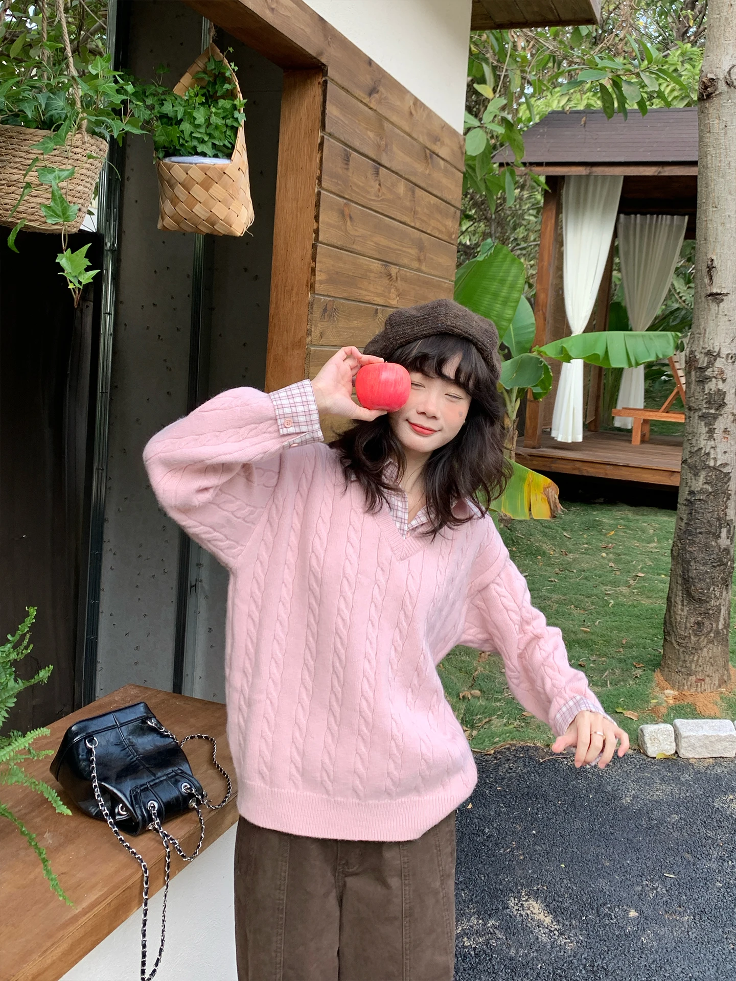 

Корейский розовый вязаный свитер, женский искусственный двухсекционный внутренний зимний теплый свободный крой с длинным воротником све