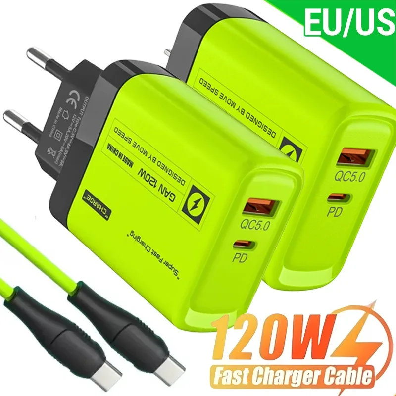 120W USB C 2Ports Charger Kit Green Wall Plug EU/US Adapter Fast Charging For iPhone iPad Samsung Xiaomi USB Type C Data Cables