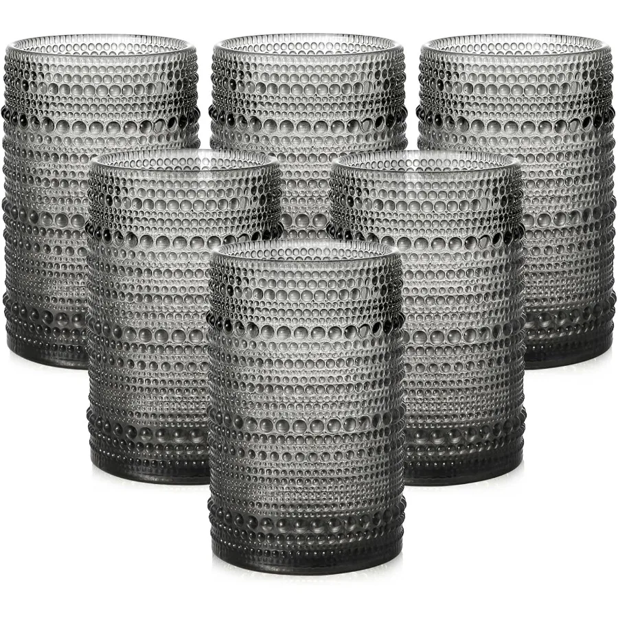 

Набор стаканов для питья в винтажном стиле, 6 стеклянных стаканов Hobnail на 15 унций с тиснением серого стакана для воды, идеально подходит для пивного кокона