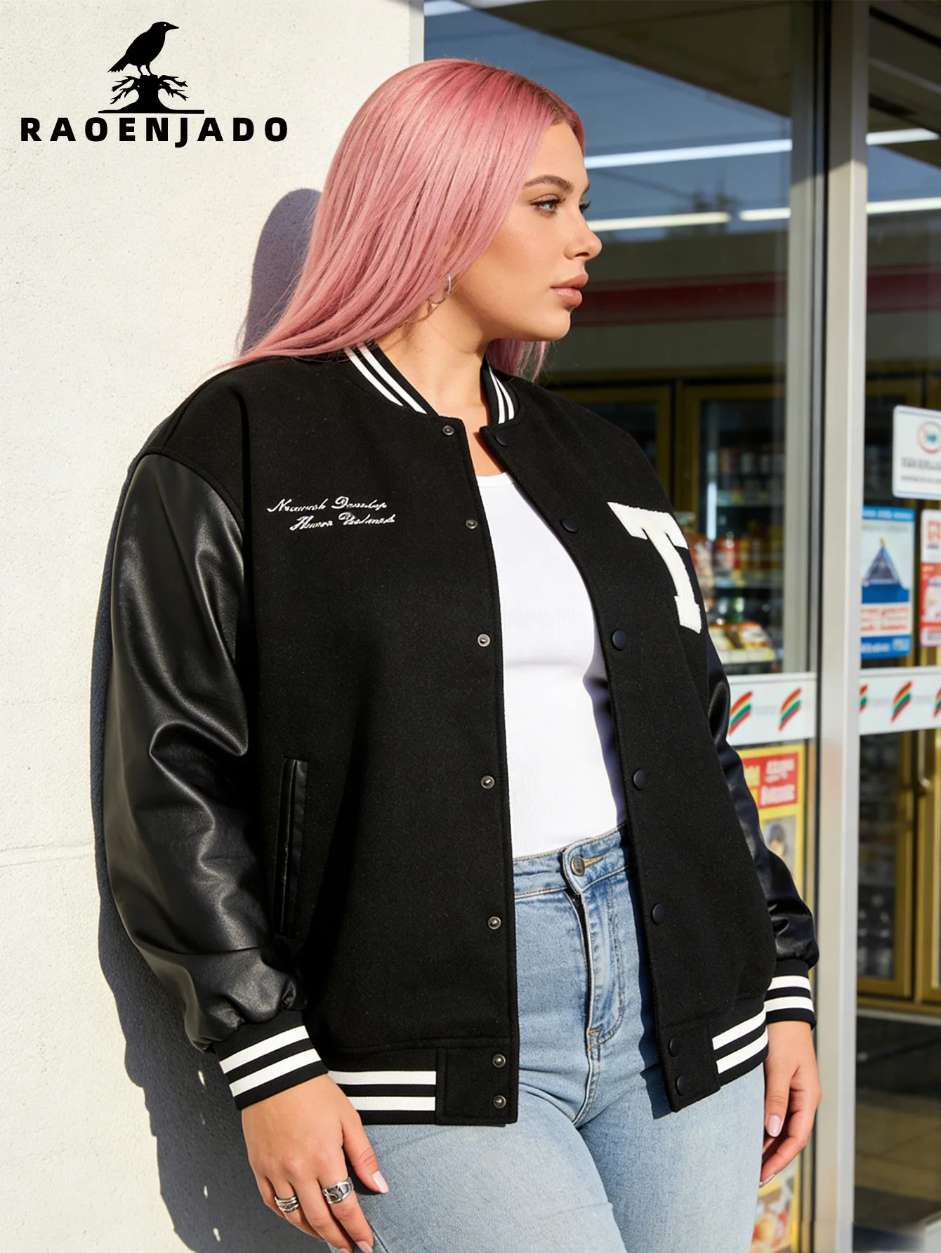 

Women's Varisty Jacket Faux Leather Sleeve Plus-size Baseball Uniform Motorcycle Racing Streetswear Spring/Autumn Letterman Coat