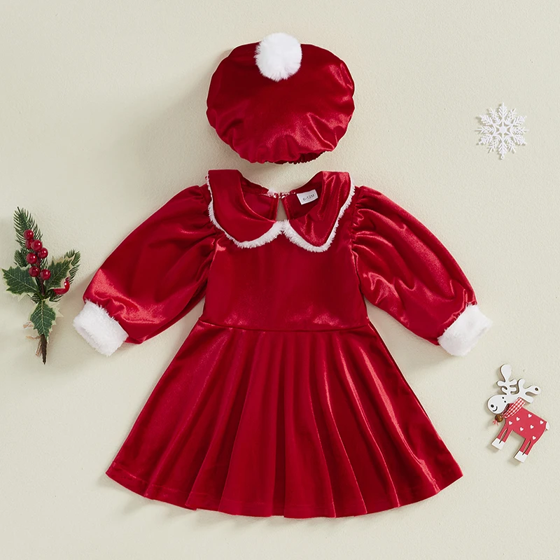 Vestido de princesa de una línea de Navidad para niñas Vestido de Papá Noel con cuello de muñeca de manga larga y sombrero