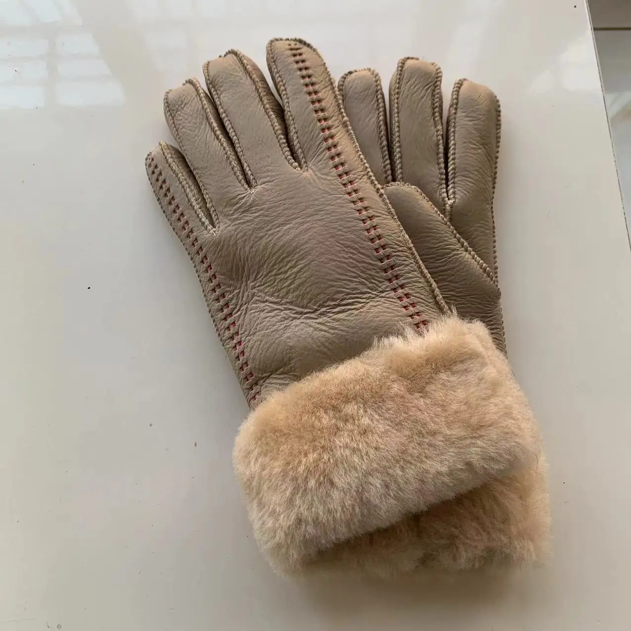 Women Natural Fur Autumn Winter Thicken Warm Natural One Piece Wool Fur Leather Glove Winter Brand Wool Fur Mitten R3103