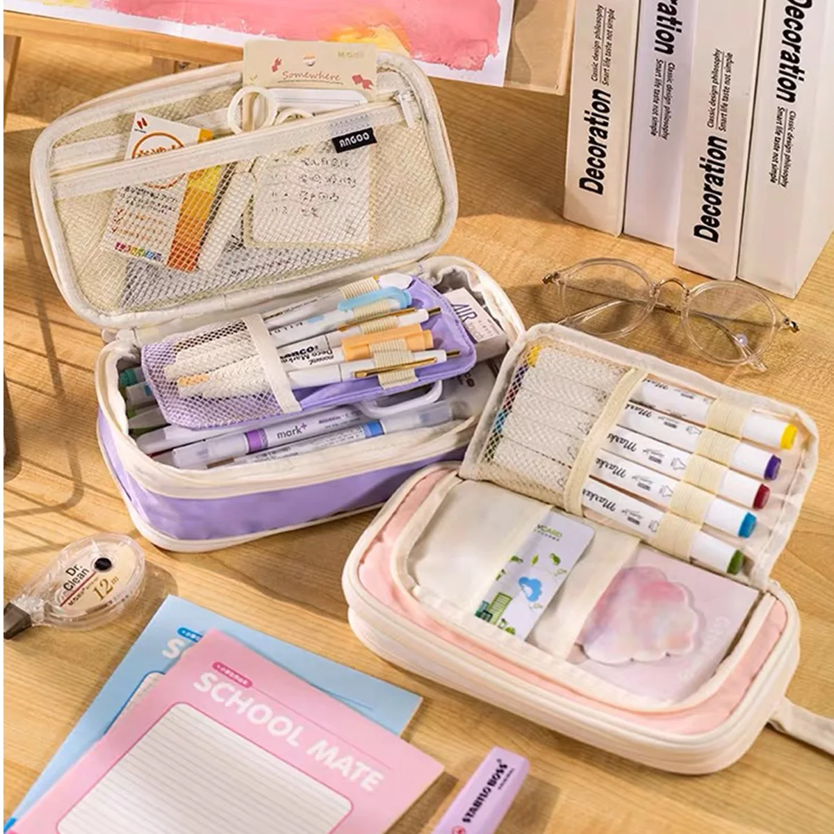 Trousse à Crayons Kawaii à 3 Compartiments pour Fille, Boîte à Stylos, Poudres, Fournitures de Rentrée Sв, Mignon, Coréen