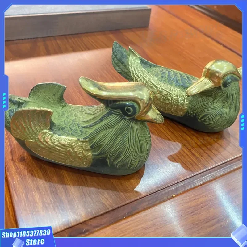 Retro Brass Mandarin Duck Tea Pet Ornament Antique Copper Pair Handicrafts for Office Tea Table Decor Bronze Ware Craft Gift