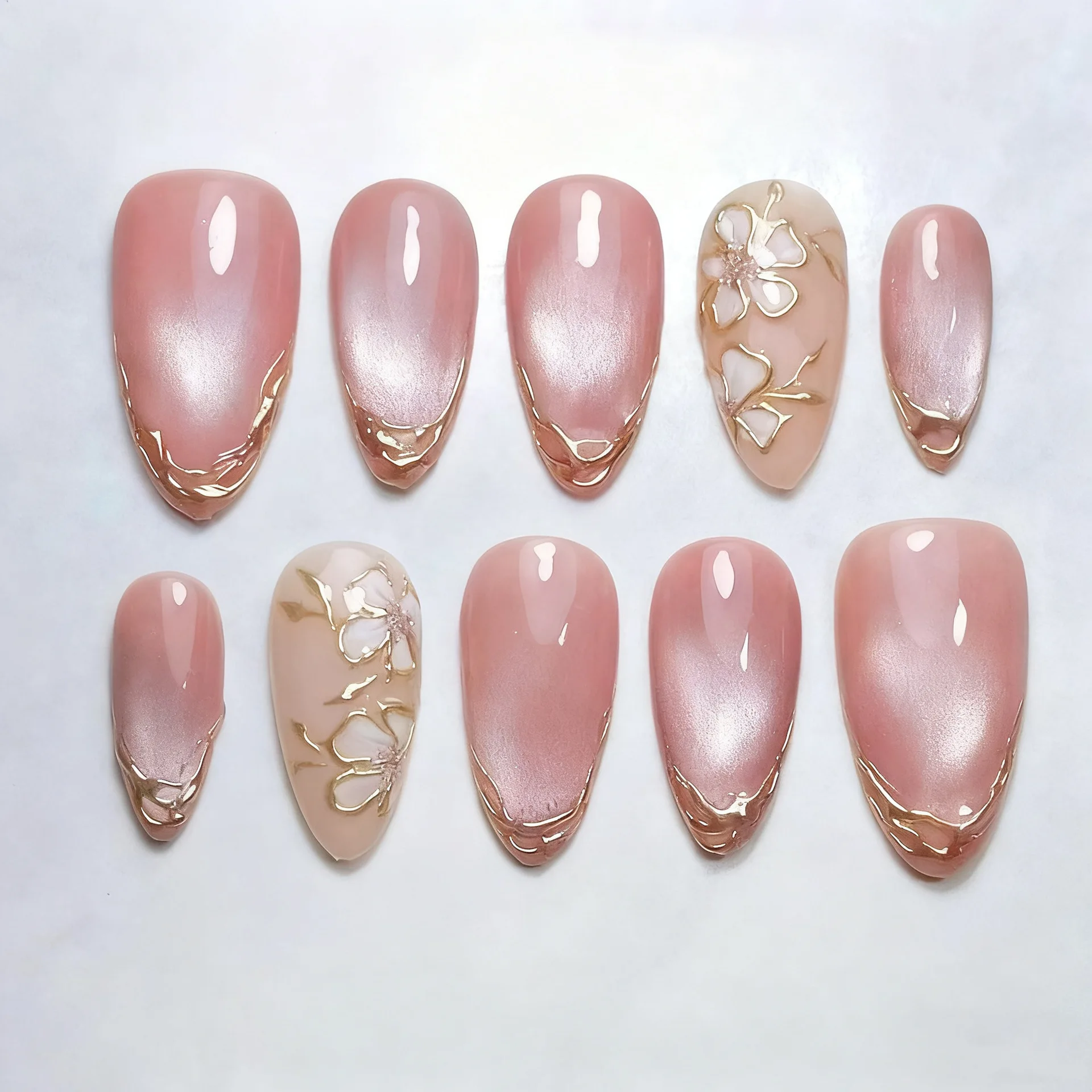 24pcs Almond False Nail Gilded Smudge Tips French Fake Nail Cat's Eye Glitter Press on Nails Reusable Flower Pink Nails Set Kit