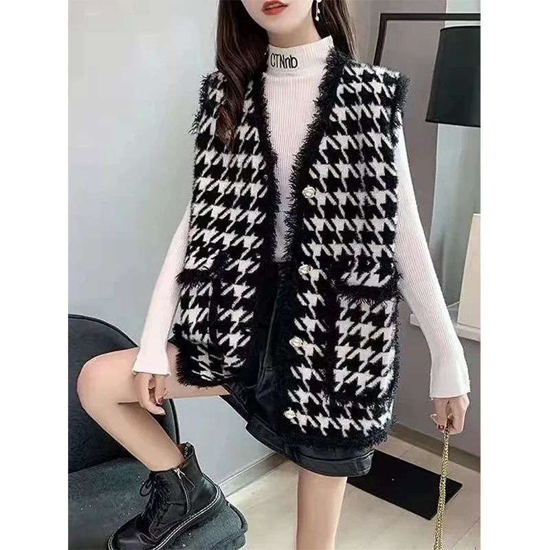 Autumn Winter Korean Style Houndstooth Print Vest Ladies Elegant Fashion All-match Coat Women Loose Casual Buttons Plaid Jacket