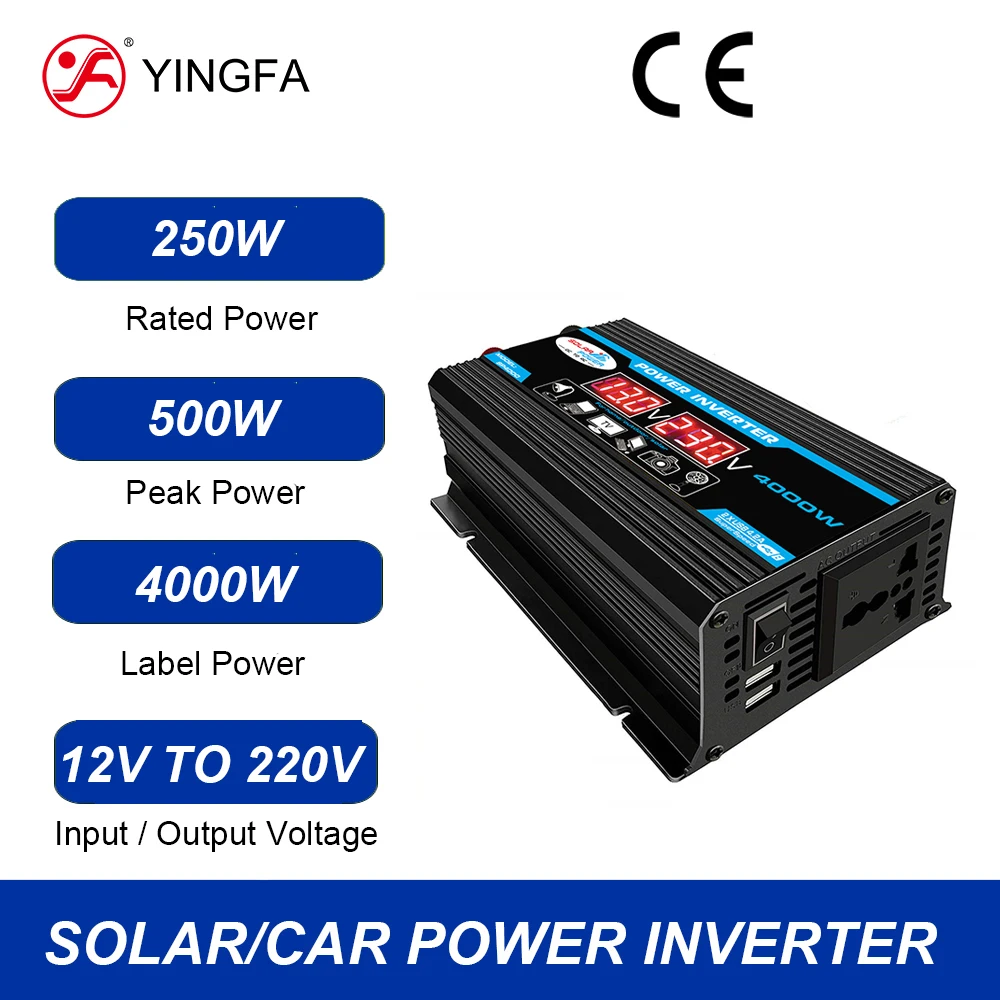 YINGFA 12V Input To 110V 220V AC Output / Car Power Solar Inverter / 250W Rated Power / Off Grid Converter For Travel