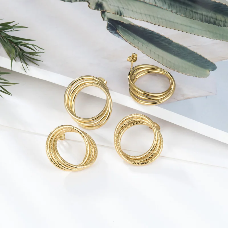 Triple Circle Wrap Glossy And Cross-Hatched Woman Stud Earring Stainless Steel Gold Color Jewelry Party Earrings