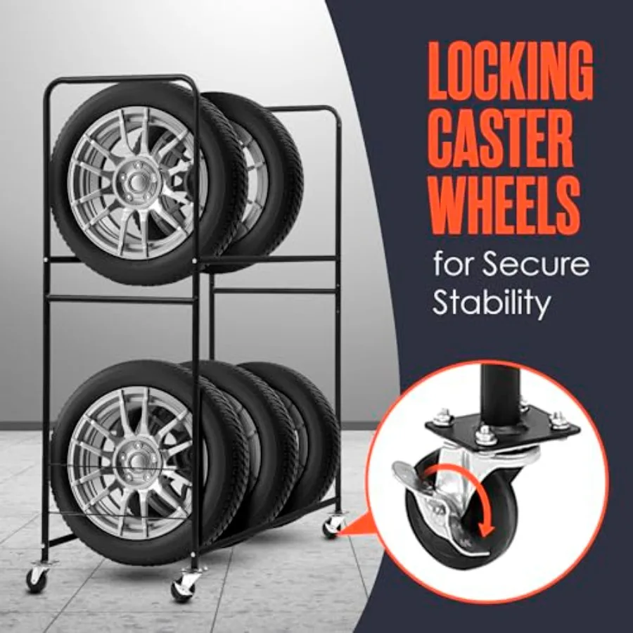 Tire Rack for Garage, Metal, Black, Rolling with Locking Casters, Height Adjustable 26.5-34.5, Fits Up To 10 Wheels, 63 x 60 x view 4