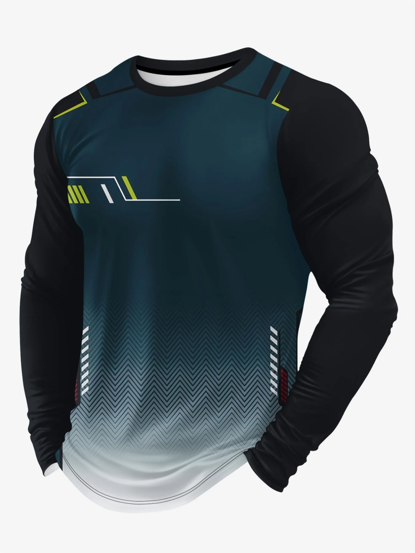 New long-sleeve T-shirt in gradient blue with geometric digital print, breathable and comfortable long-sleeve casual sports top view 3