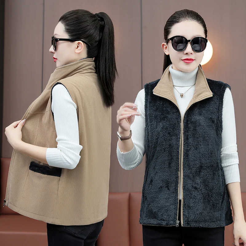 New Autumn Winter Fashion Stand Up Collar Versatile Corduroy Double-Sided Vest For Women With Plush And Thickened Warm Vest Coat