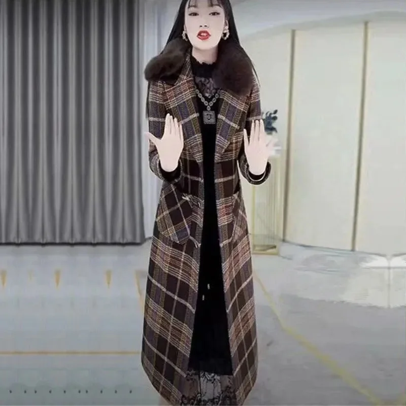 Cotton Thickened Thousand Bird Plaid Woolen Coat for Women 2023 Autumn/Winter New Loose and High Grade Temperament Slim Fit Coat