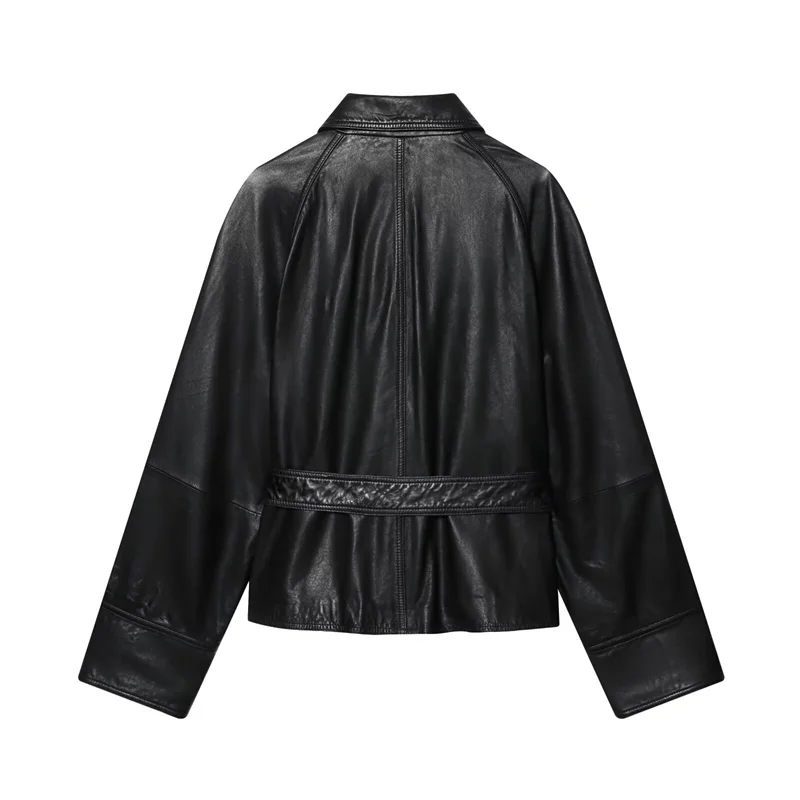 Veste femme 2025 hiver nouveau noir à manches longues Faux cuir à lacets décor court Style motard veste à la mode et polyvalente