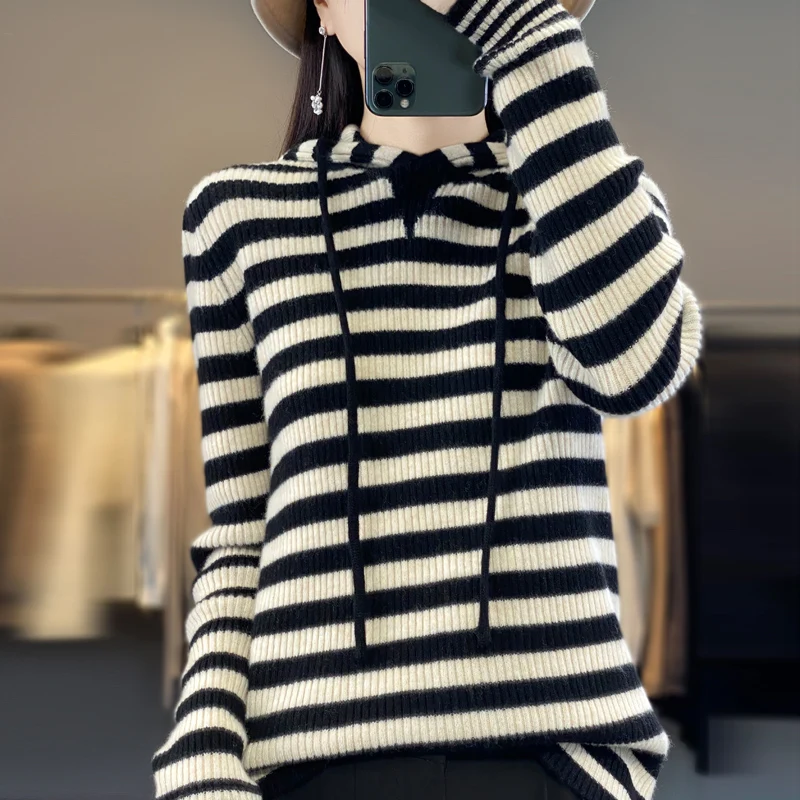 

Hooded cashmere sweater 100% pure wool striped hooded sweater pullover knitted bottoming hoodie thick sweater