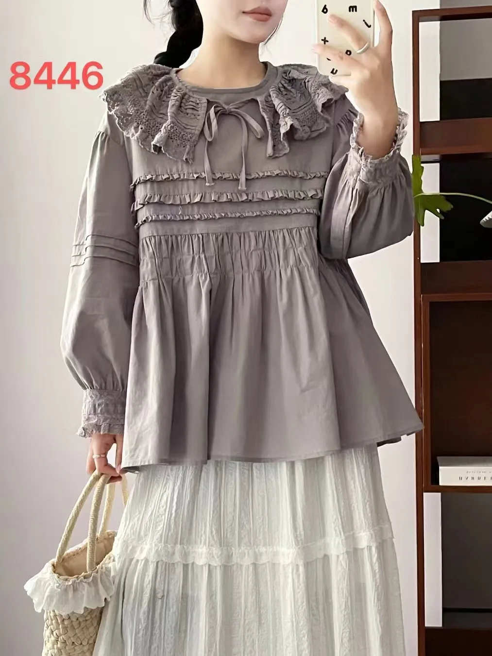 Spring New Japanese Sweet Mori Girl Embroidery Peter Pan Collar Shirts Women Long Sleeve Solid Color Casual Loose Tops