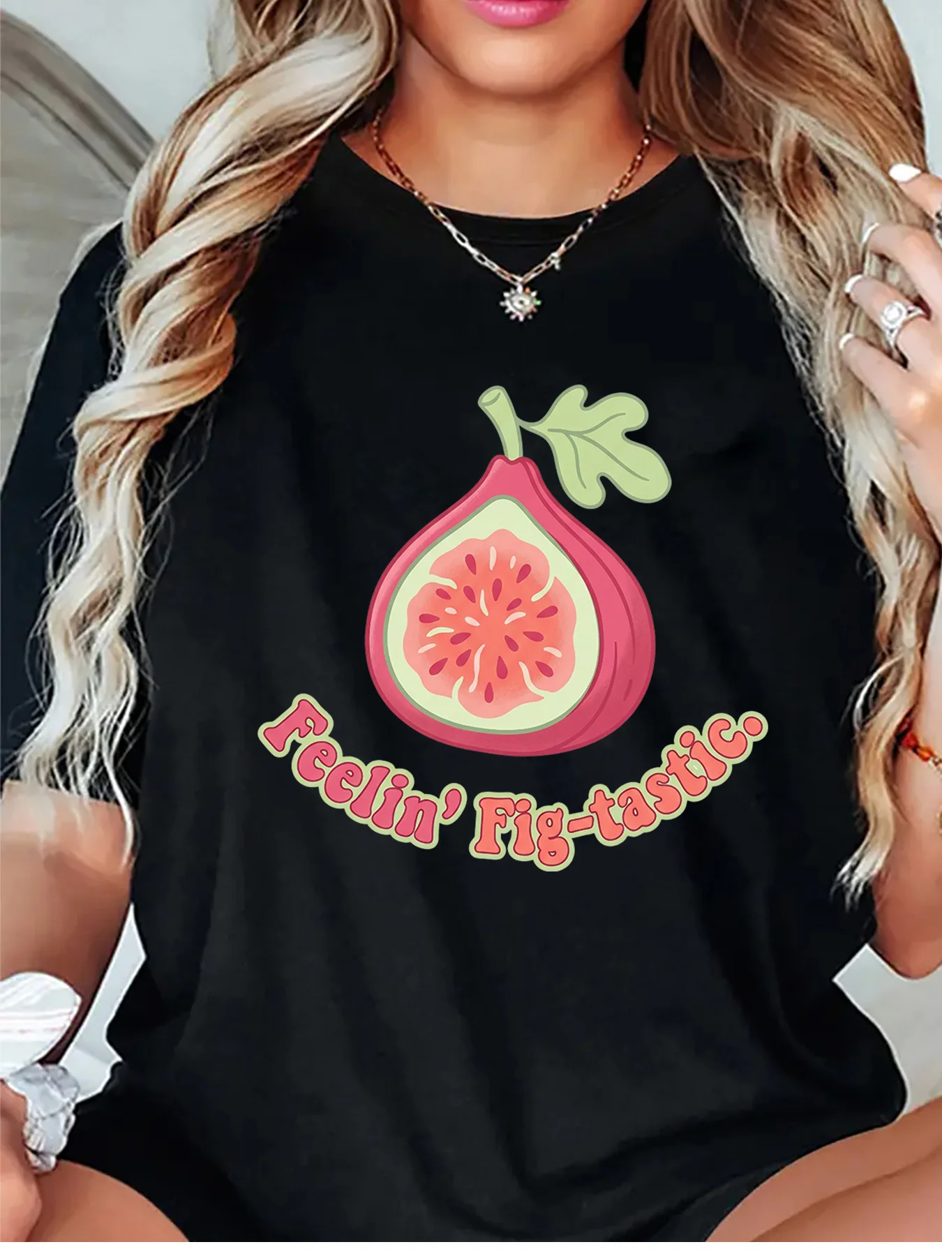 Feelin Fig Tastic Cute Fig Fruit Graphic Womens T Shirt Short Sleeve Crew Neck Funny Slogan Casual Daily Ladies Tee Tops