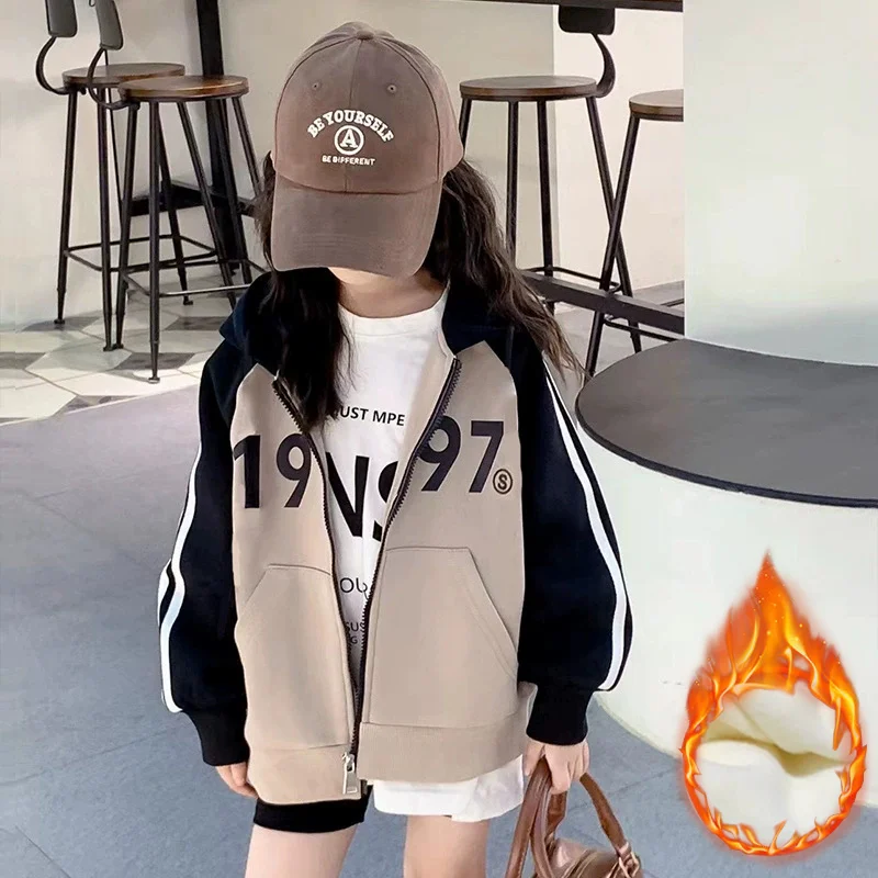 4-14 Years Girls Fleece Warm Color blocking Hooded Sports Jacket Kids Letter Print Casual Outerwear for Spring Autumn Winter