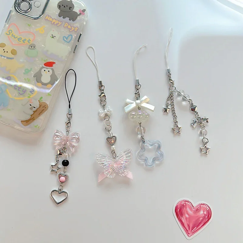 1PC Cute Butterfly Bead Handmade Sweet Girl Keychain For IP 11 Camera Kawaii Y2K Love Five Pointed Star Phone Charms Pendant