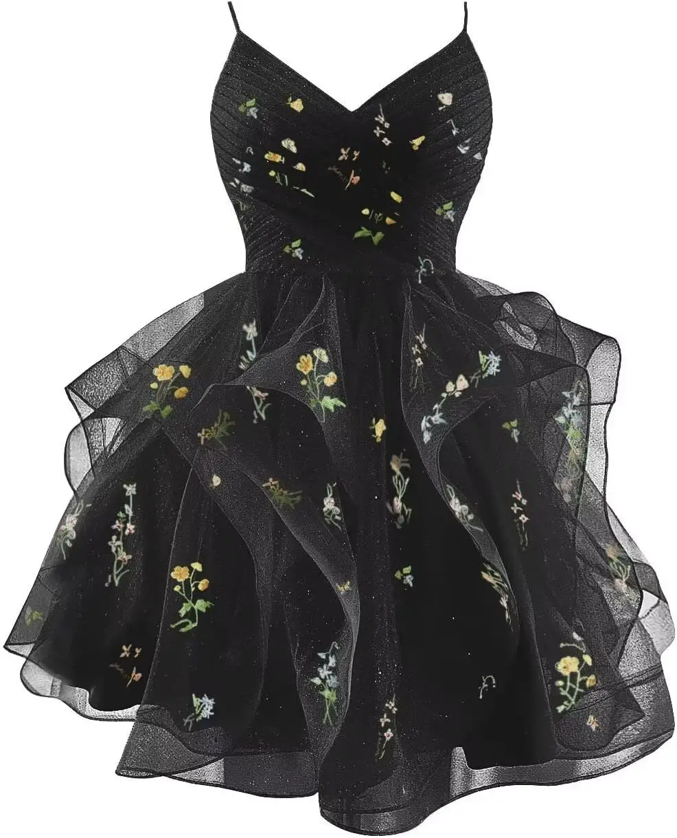 

Flower Embroidery Tiered Homecoming Dresses Short Sparkly Prom Dress Spaghetti Strap V Neck Glitter Tulle Gowns Graduation Dress