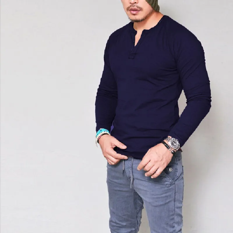 Casual Round Neck Slim Fit T Shirt with Long Sleeves Pullover Set in Sleeve Spring Autumn No Hood Collarless Men T Shirt