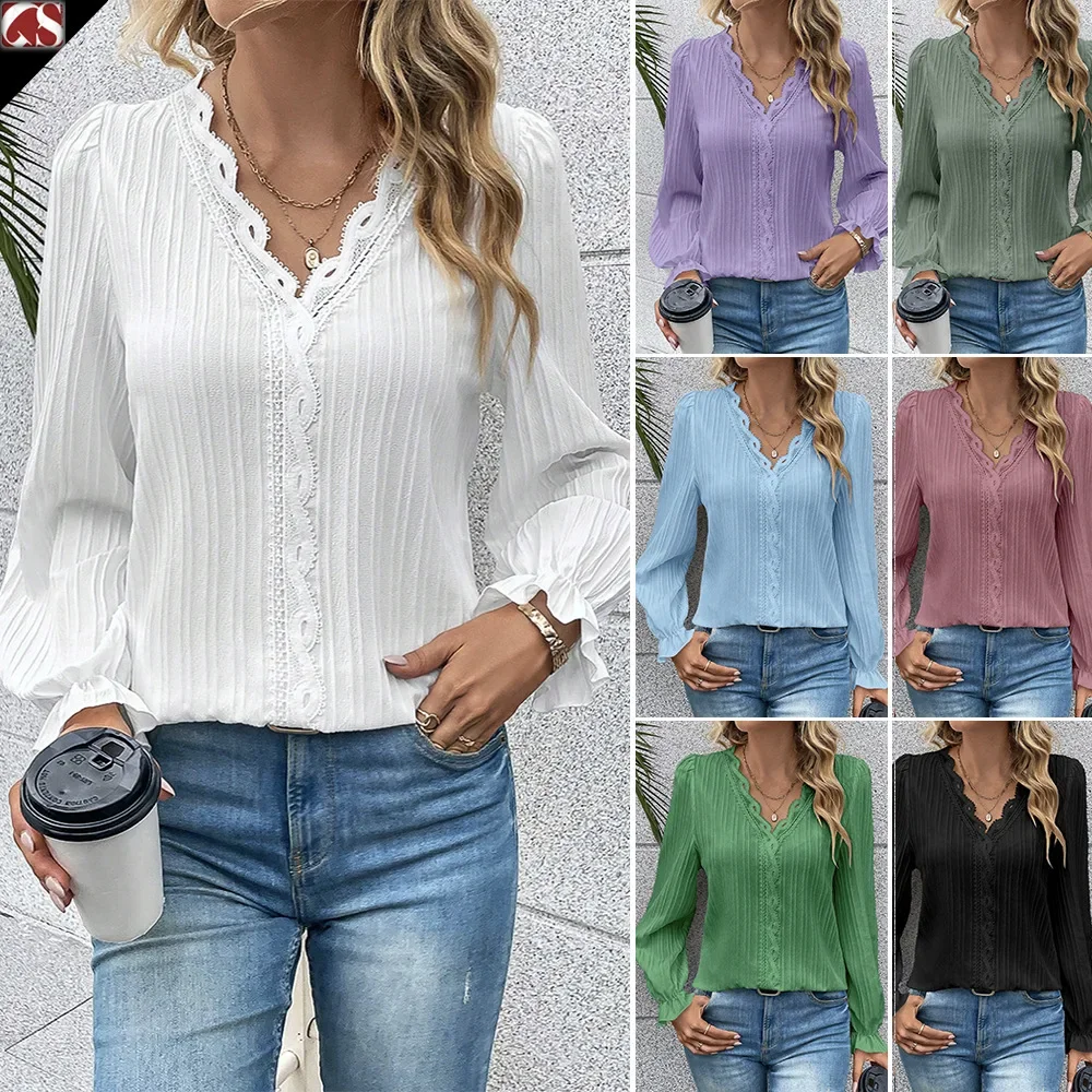 

Women Spring Summer Shirt Solid Color V Neck Long Sleeve Lace Sheath Casual Fashion Sexy Comfortable Regular Standard Fit Shirt