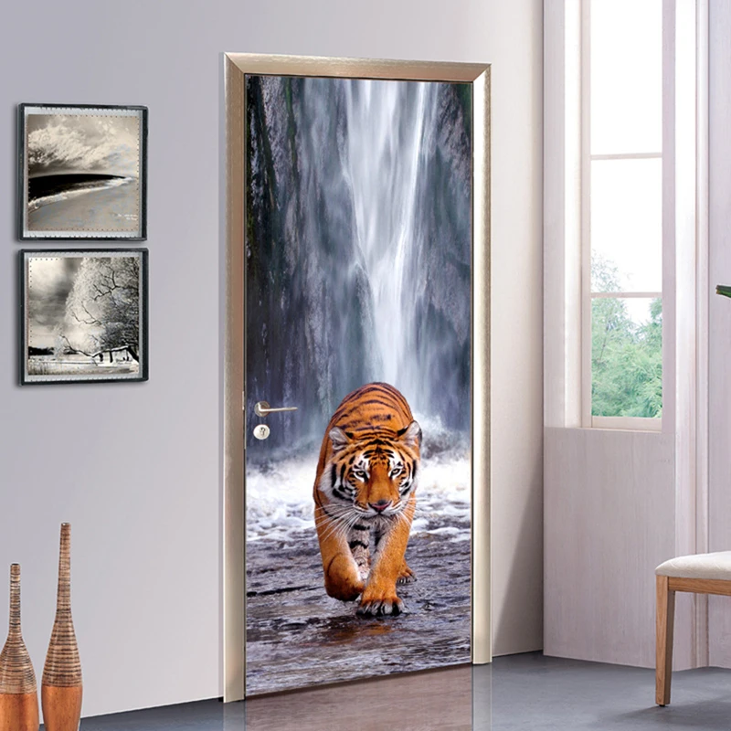 

Наклейки на дверь с изображением диких животных: тигр под водопадом, ПВХ-панно, съемное, для украшения дома, декора стен комнаты, наклейка на холодильник